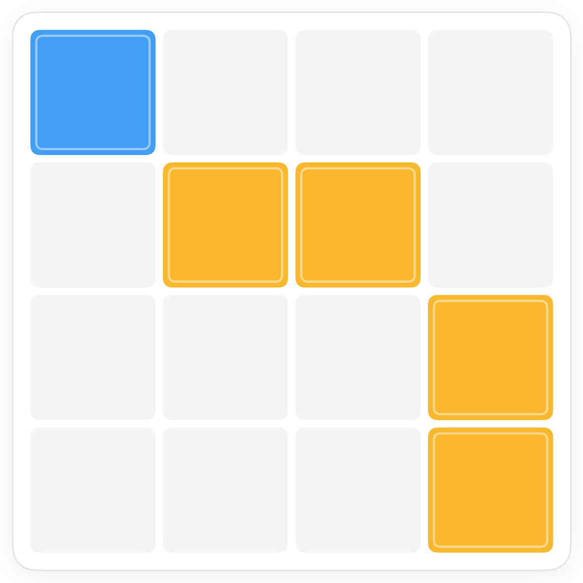 A 4 by 4 Duets board in Pocketful with five squares already coloured blue or yellow