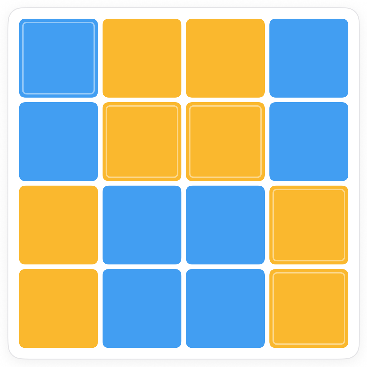 The completed Duets board with a balanced pattern of blue and yellow squares