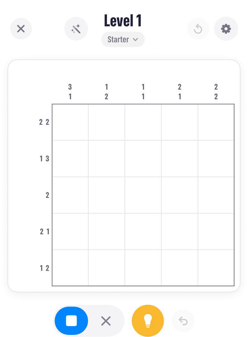The Pocketful Nonogram screen with the fill and X tools, hint and undo under the board