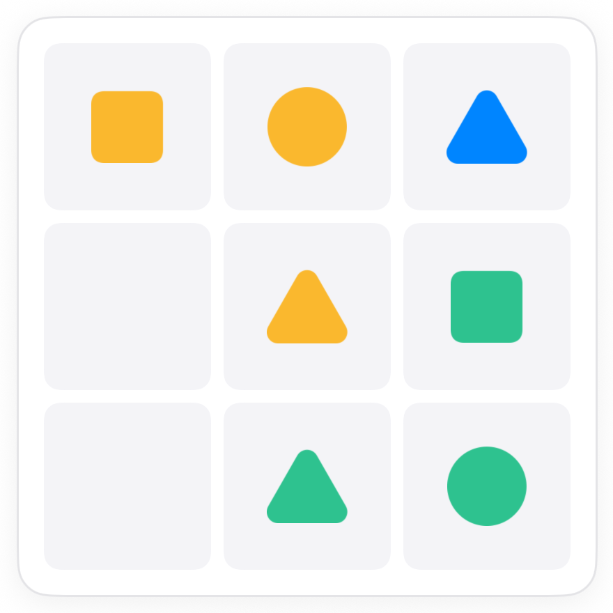 The Peeks board with seven tiles painted, the bottom-left square ringed and the middle-left square outlined