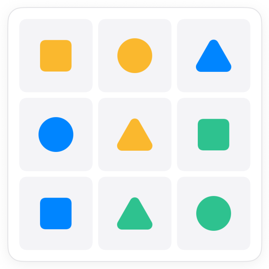The completed Peeks board with nine different shape and colour tiles