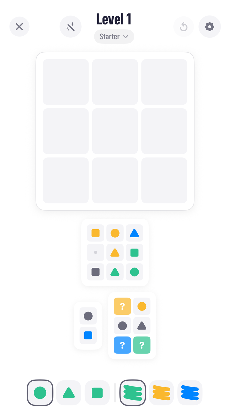 The Pocketful Peeks screen with an empty 3 by 3 board, three peek cards below it, and a shape and colour palette