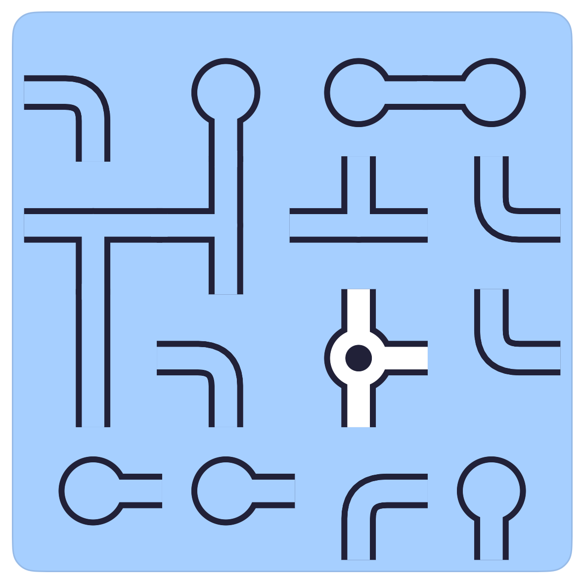 A 4 by 4 Pipes board in Pocketful with every piece dark and the source marked in the lower middle