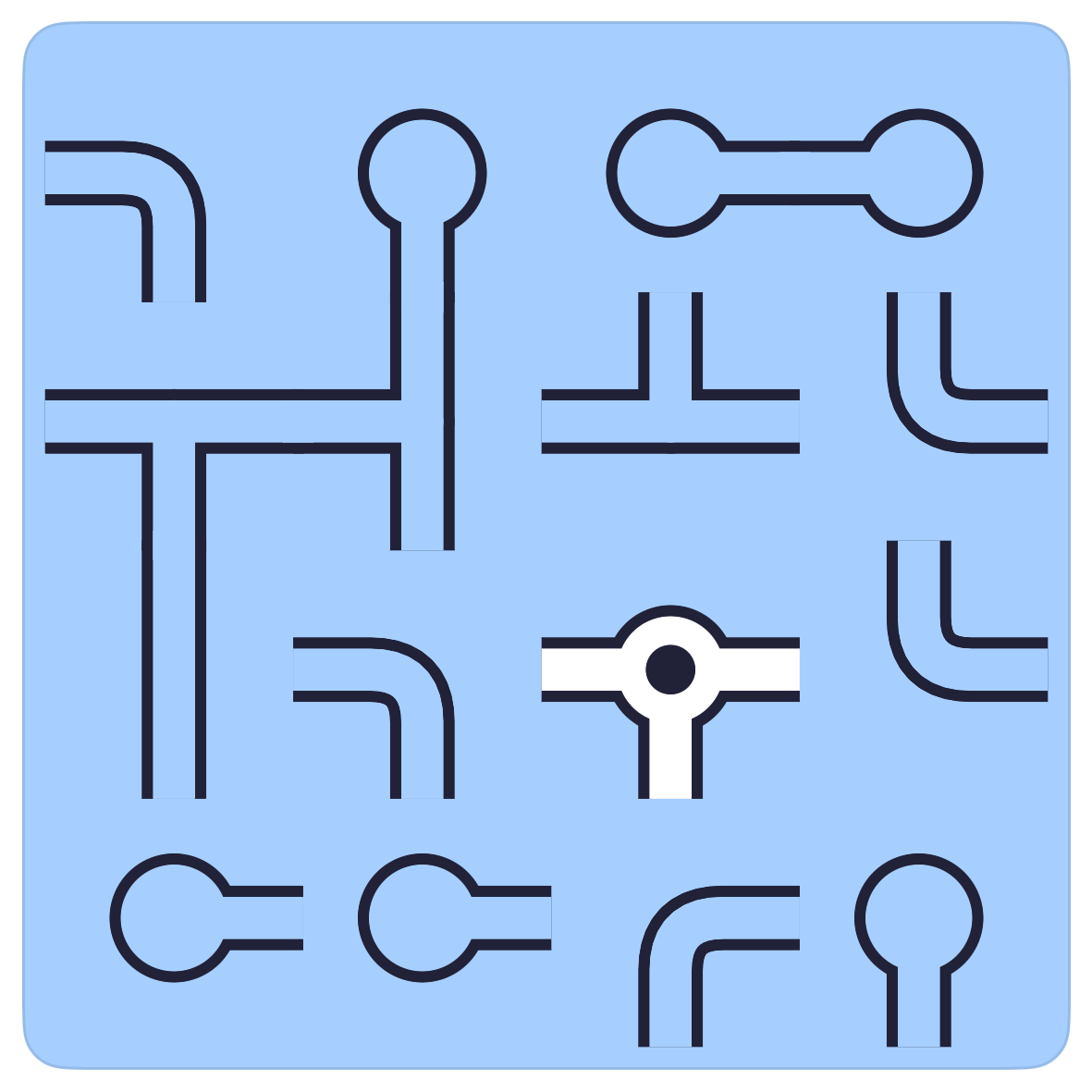 The Pipes board with the source turned and its three neighbours outlined