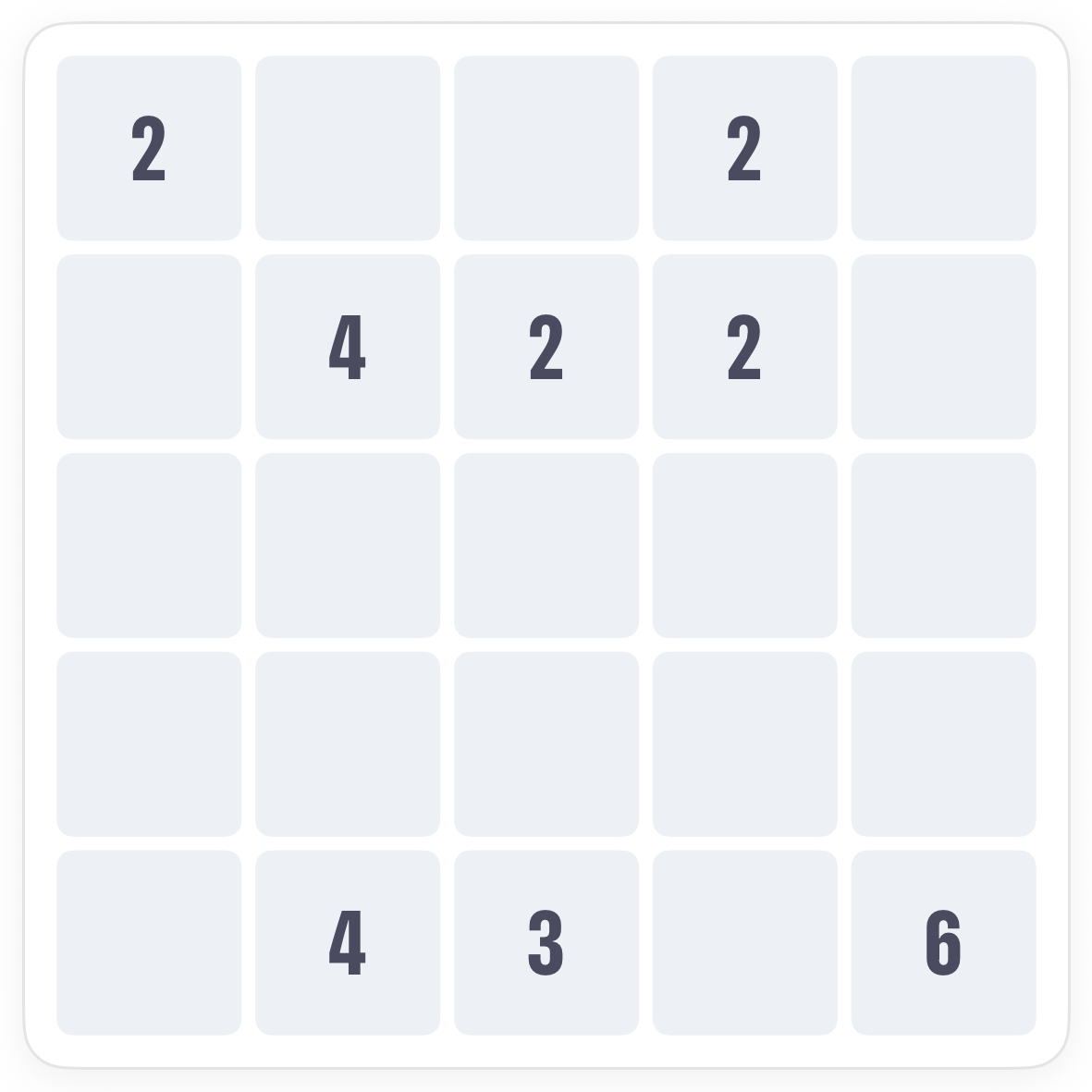 A 5 by 5 Quilts board in Pocketful with eight numbers placed in its squares