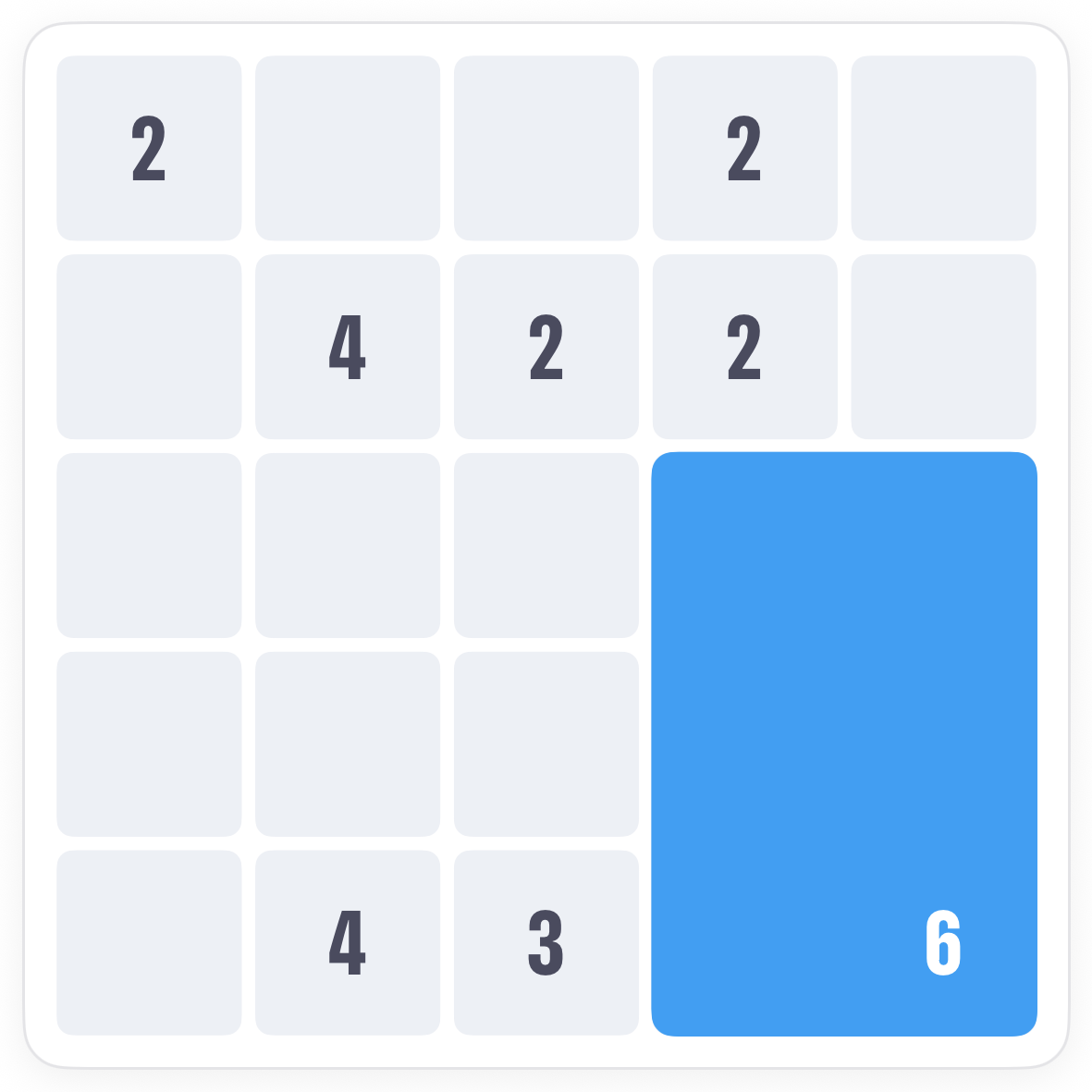 The Quilts board with the 6 drawn as a tall rectangle and the 3 beside it outlined as a tall strip