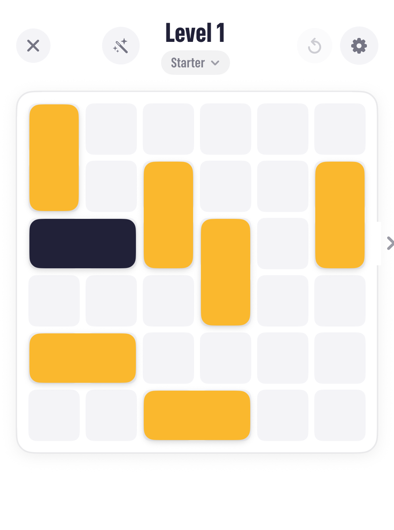 The Pocketful Scoot screen with yellow blocks and a dark block on a 6 by 6 board and a move counter below