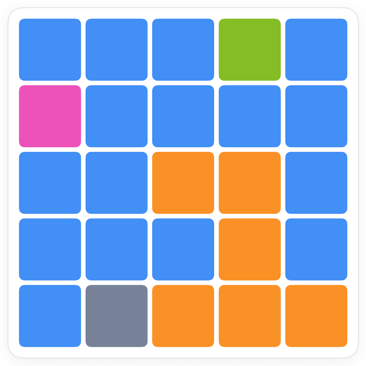 A 5 by 5 Stars board in Pocketful divided into five coloured regions with no stars placed