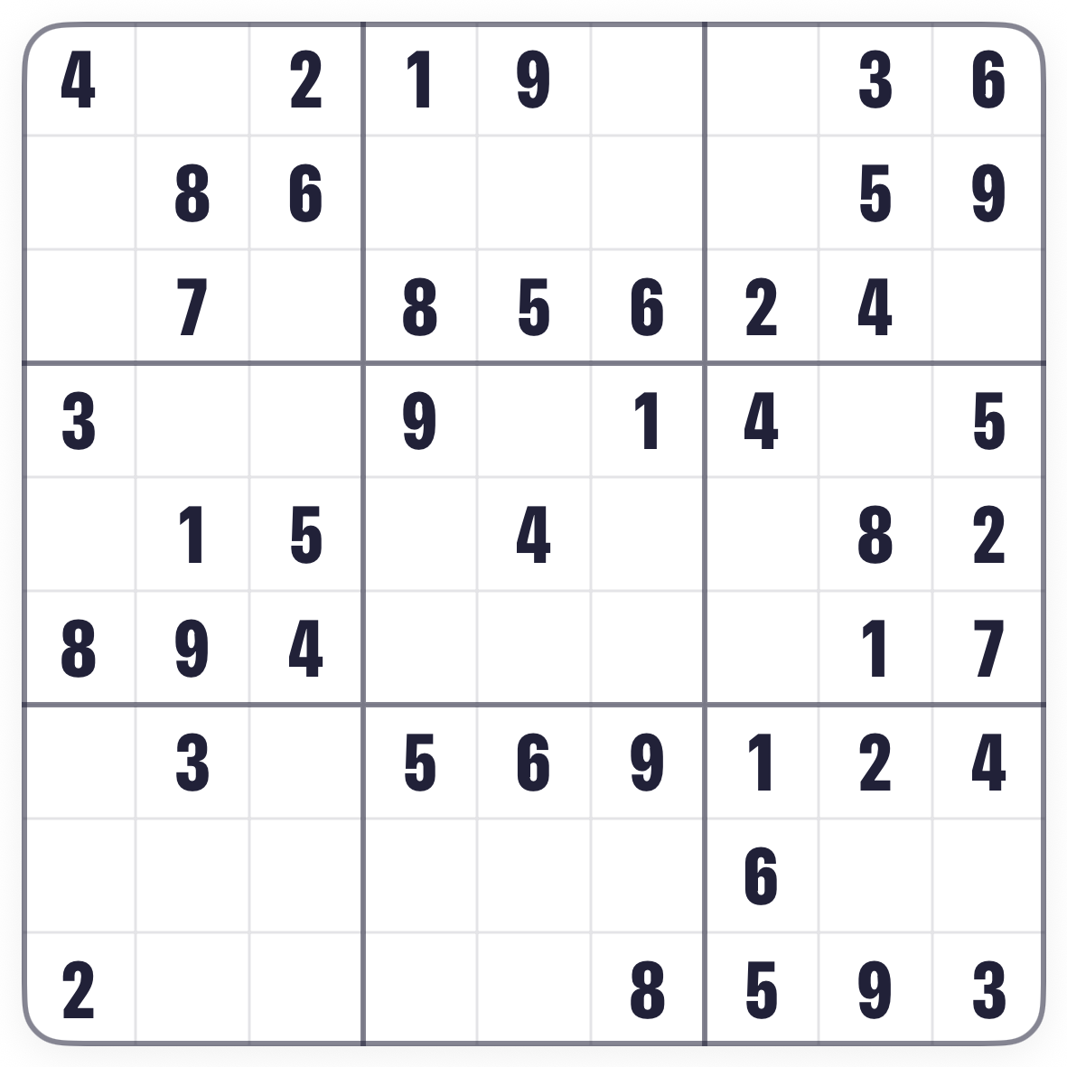 A Sudoku board in Pocketful, Starter level 1: a 9 by 9 grid with the given digits filled in and the rest empty