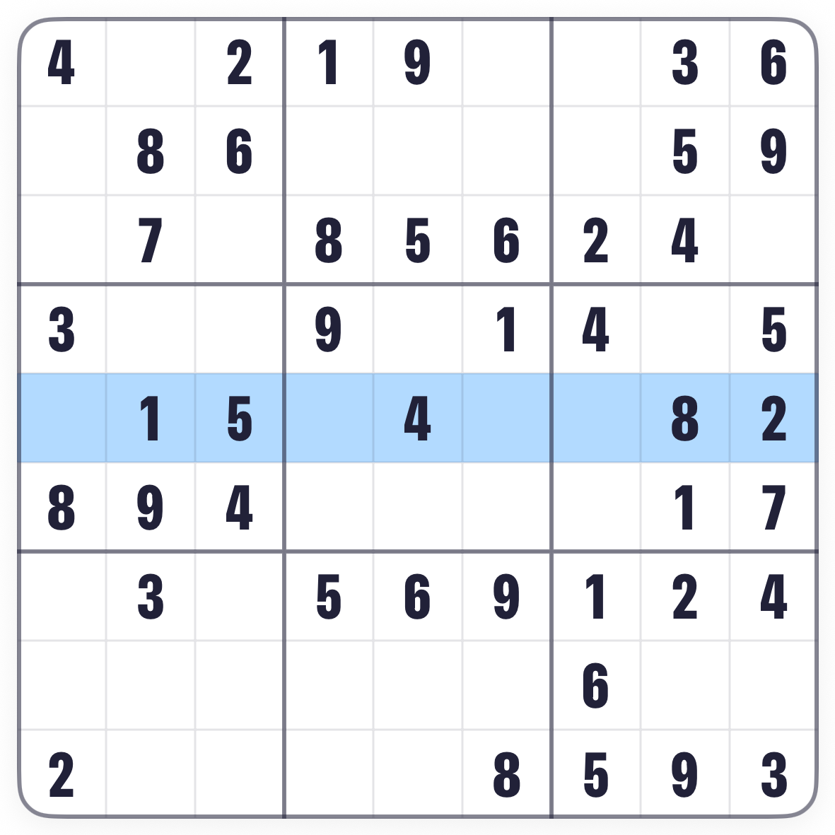 The same Sudoku board with one row highlighted across the grid
