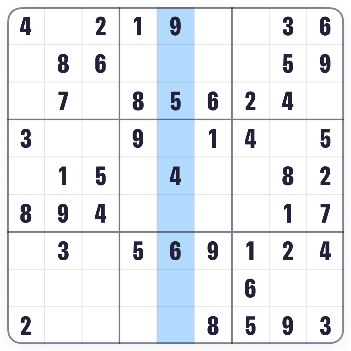 The same Sudoku board with one column highlighted down the grid