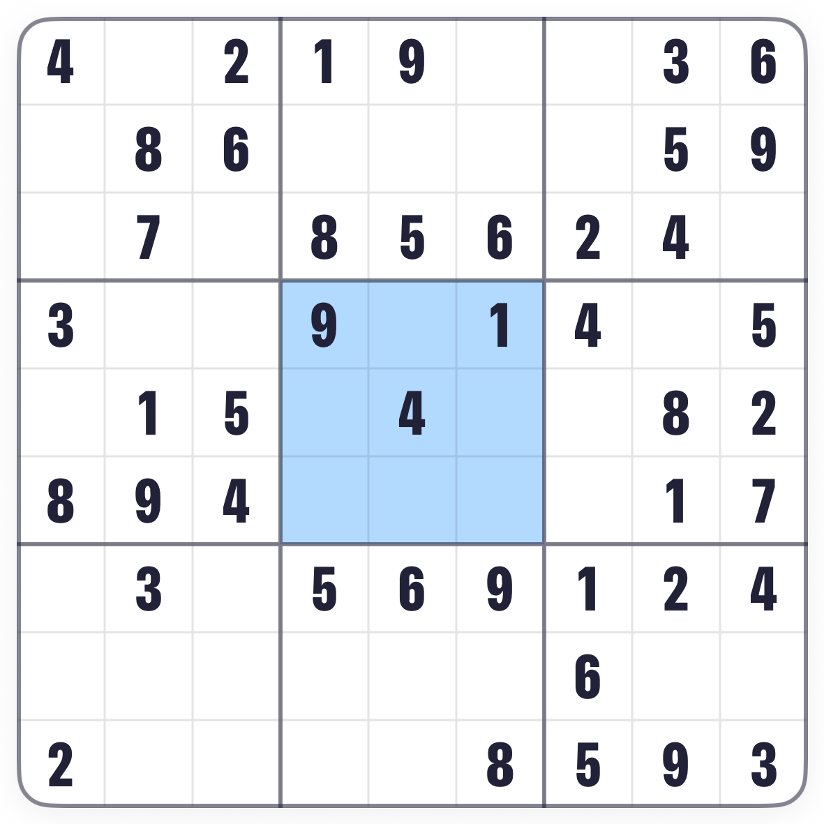 The same Sudoku board with one 3 by 3 box highlighted