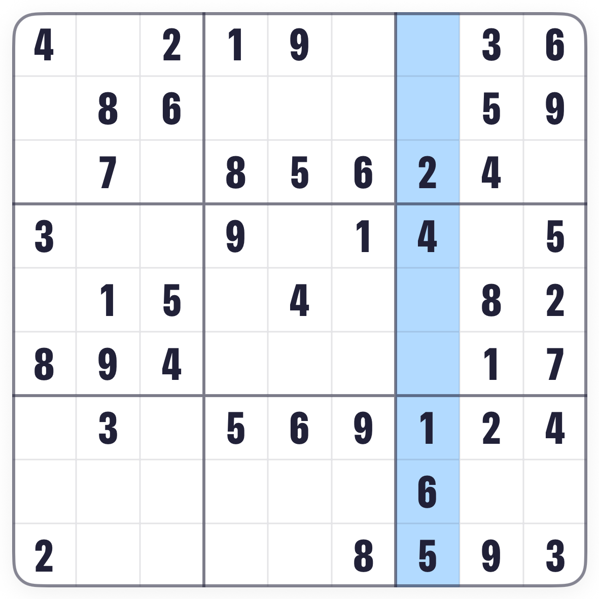 A column of the Sudoku board highlighted, its existing 6 circled, two candidate squares crossed out and the one remaining square ringed