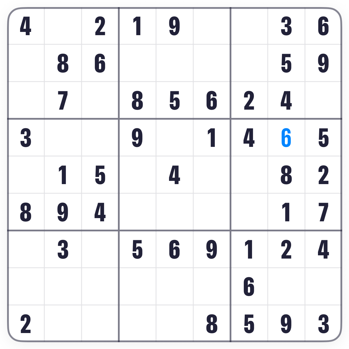 The Sudoku board after placing the 6, shown in blue as a player entry