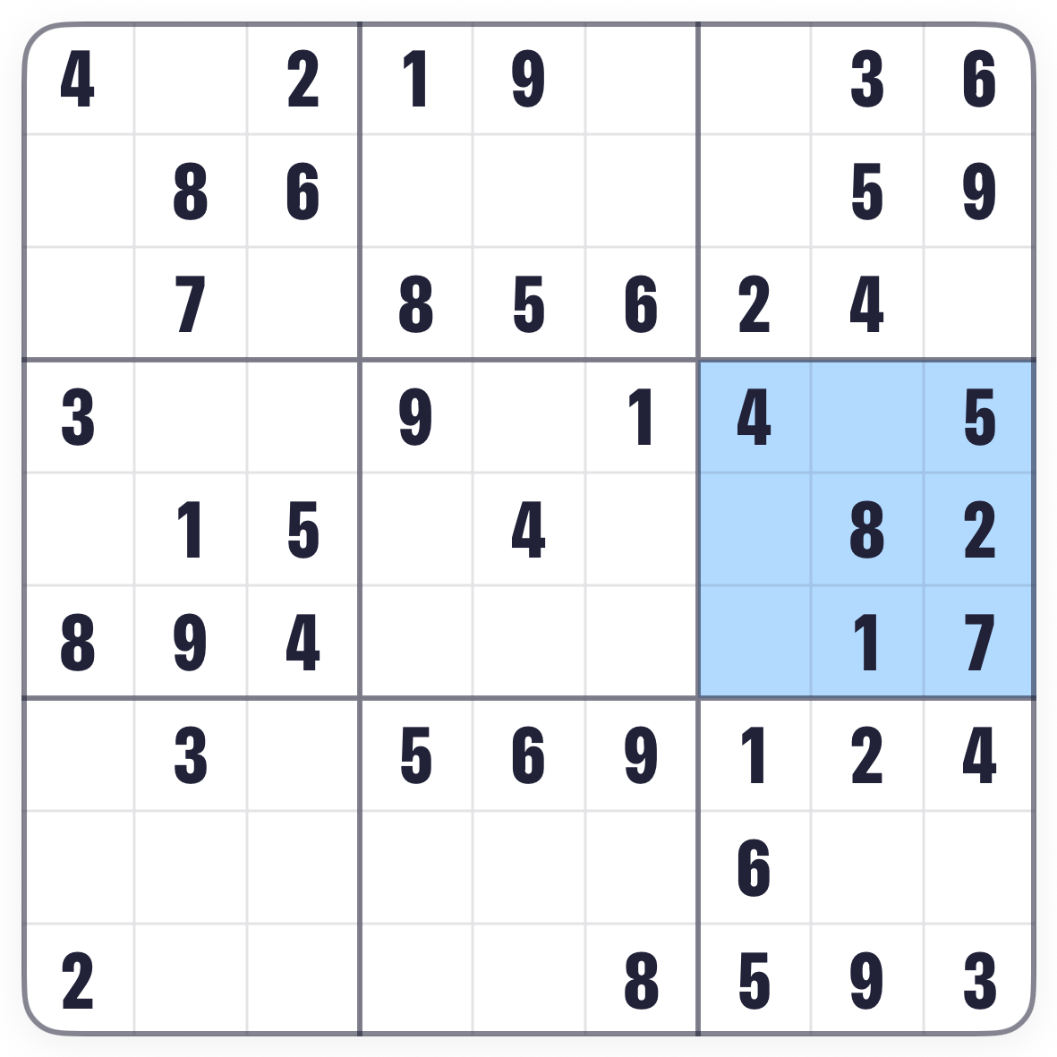 The right-middle box of the Sudoku board highlighted, with its three empty squares outlined as the possible places for the missing 6