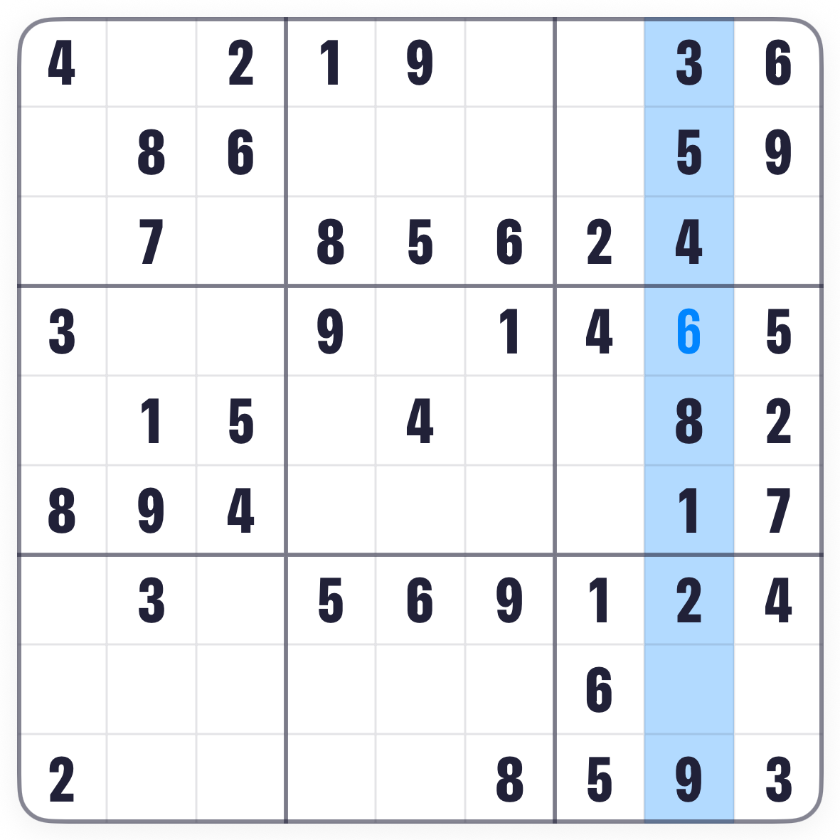 A column of the Sudoku board with eight digits filled and its single empty square ringed