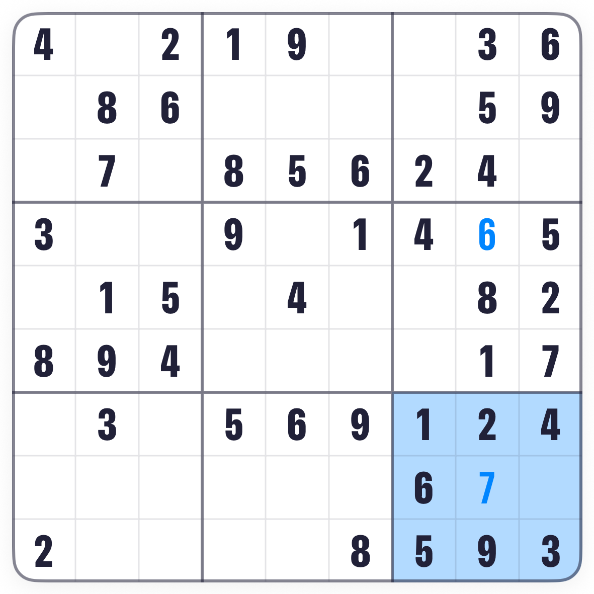The bottom-right box of the Sudoku board with its single empty square ringed