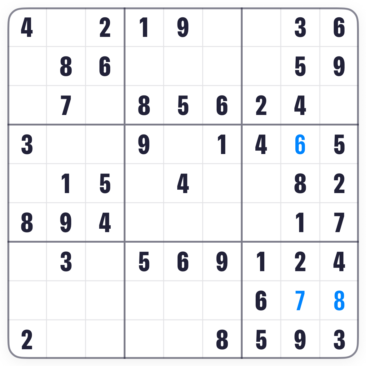 The Sudoku board after placing the 8 that completed the box