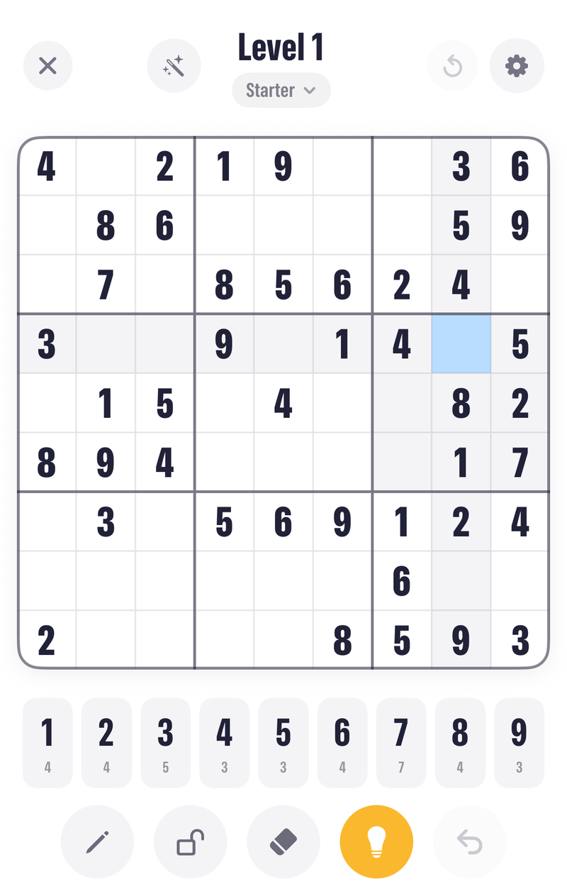 The Pocketful Sudoku screen with a square selected, its row, column and box tinted, and the number keypad and tools below the board