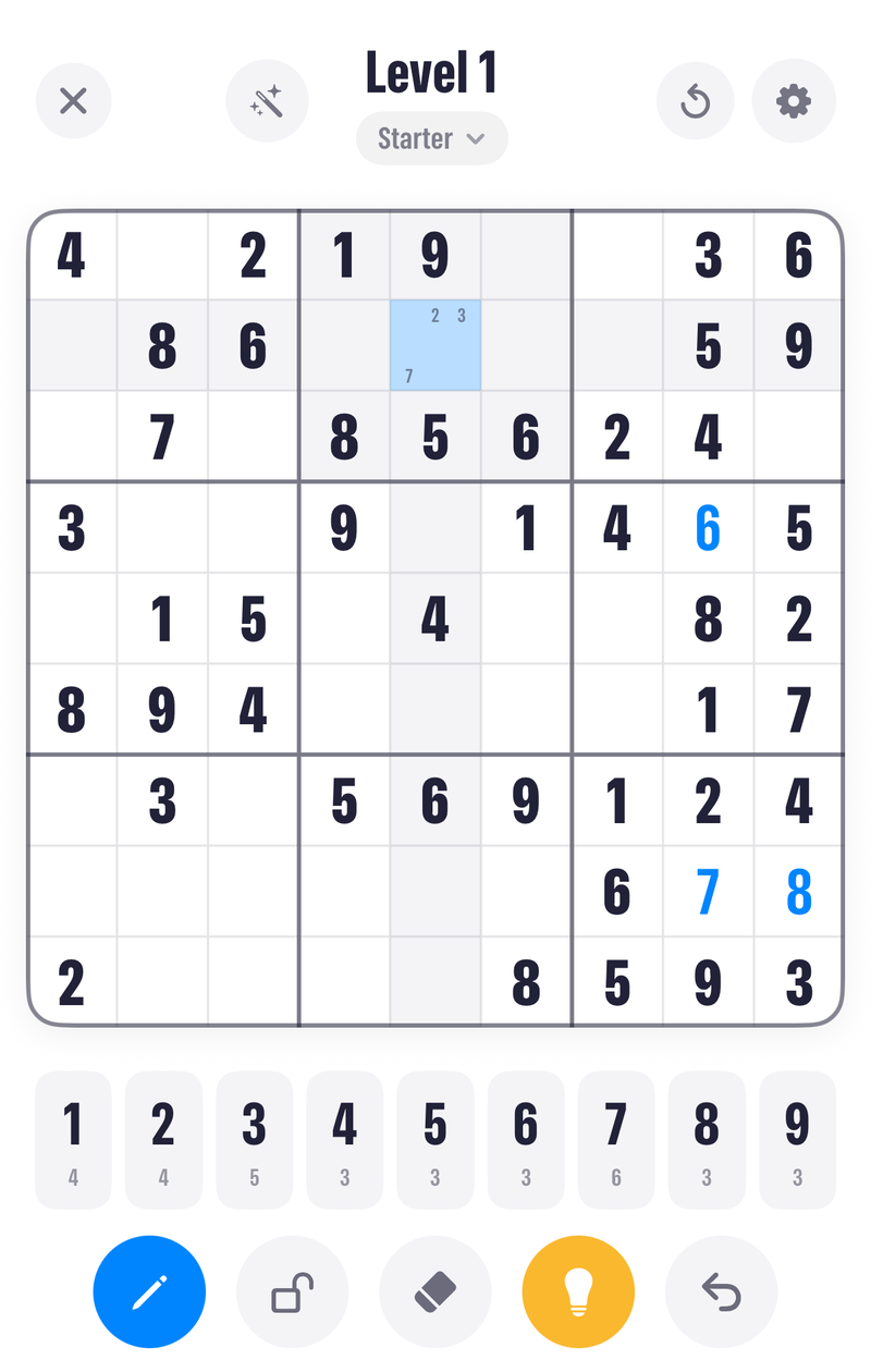 The Pocketful Sudoku screen in notes mode, with the candidate digits 2, 3 and 7 pencilled into one square