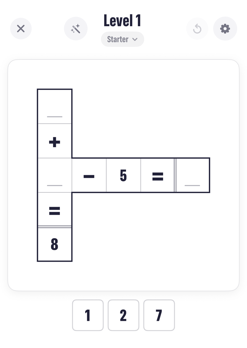The Pocketful Sums screen with a small cross of equation squares and a bank of three number tiles below
