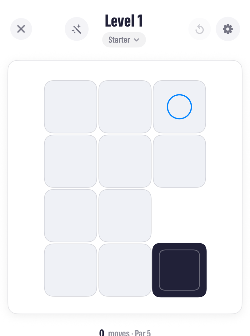 The Pocketful Tumble screen with a block standing on a floor of tiles, a ring at the top, and a move counter below